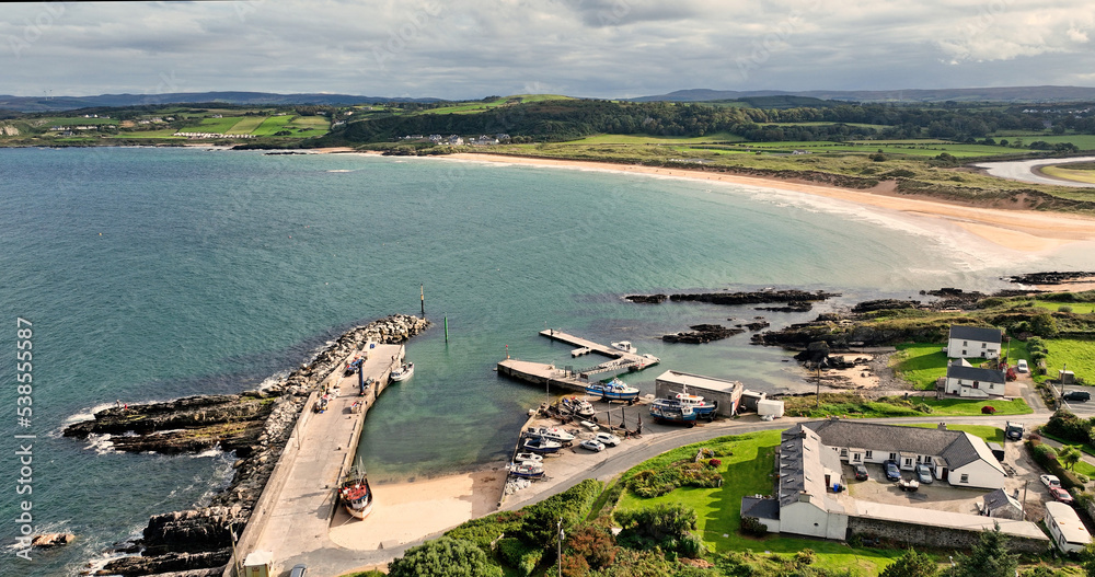 Aerial Photo of Bunagee Pier Culdaff Sandy Beach Strand on the Donegal Coast Ireland