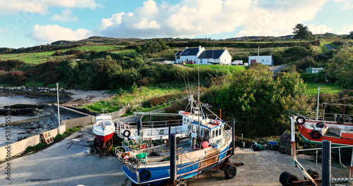 Aerial Photo of Fishing boats at Glengad Pier Bun Culkeeny on the Donegal Coast Ireland