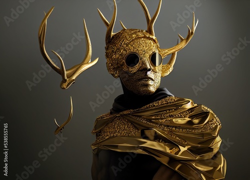 Man wearing a golden mask and antler covered in gems, 3d Illustration photo