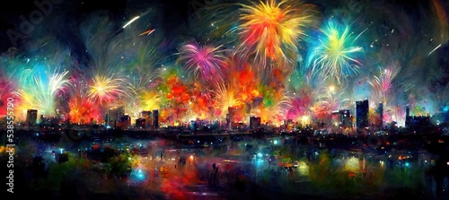Firework over tokyo citi. concept art.