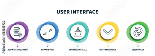 editable thin line icons with infographic template. infographic for user interface concept. included add new document, expand tool, conference hall, bottom arrows, disconnect icons.