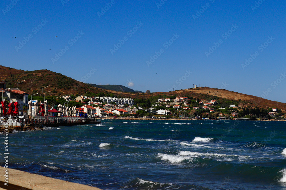 View of Urla with wavy sea
