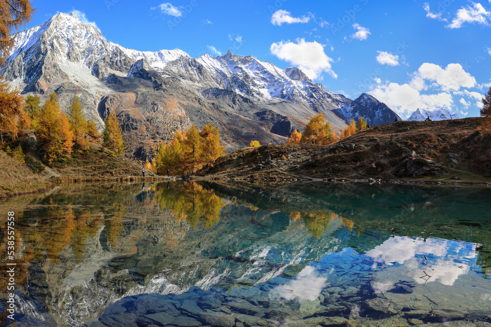 Lac Bleu of Arolla lake in Canton Valais in colorful autumn season with reflection of Dent de Veisivi and Dent di Perroc peaks.