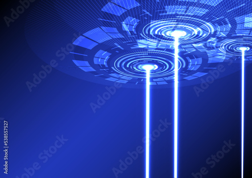 technology background with satellite ring shine three blue illumination light neon laser beam. futuristic telecoms digital network graphic. space mechanical radar engineering launcher vector design