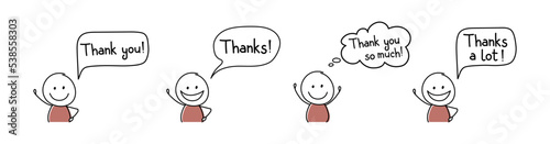 Happy stickman with speech bubble - thank you, thanks. Vector