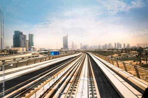 Dubai, UAE. Train, tube track with City view at the distance