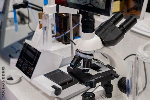 Professional medical microscope in science lab, exhibition. Medicine, technology, laboratory concept