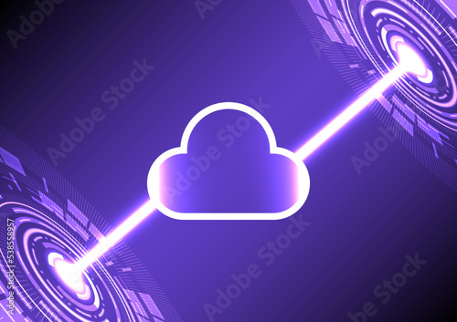 technology background with cloud satellite ring shine a red illumination light neon laser beam. futuristic telecoms digital network graphic. space mechanical radar engineering launcher vector design
