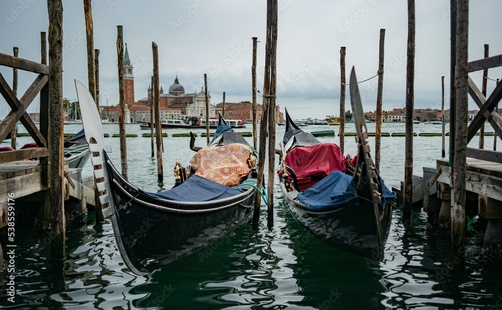 2 gondolas closeup in Venice