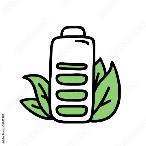 A battery with a charge and leaves. Co2 concept of climate change. Recycling. Vector isolated doodle