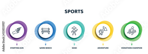 editable thin line icons with infographic template. infographic for sports concept. included starting gun, work bench, sesei, adventure, marathon champion icons.