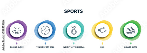editable thin line icons with infographic template. infographic for sports concept. included boxing glove, tennis sport ball, weight lifting medal, foil, roller skate icons.