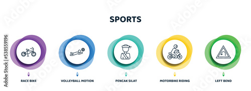 editable thin line icons with infographic template. infographic for sports concept. included race bike, volleyball motion, pencak silat, motorbike riding, left bend icons.