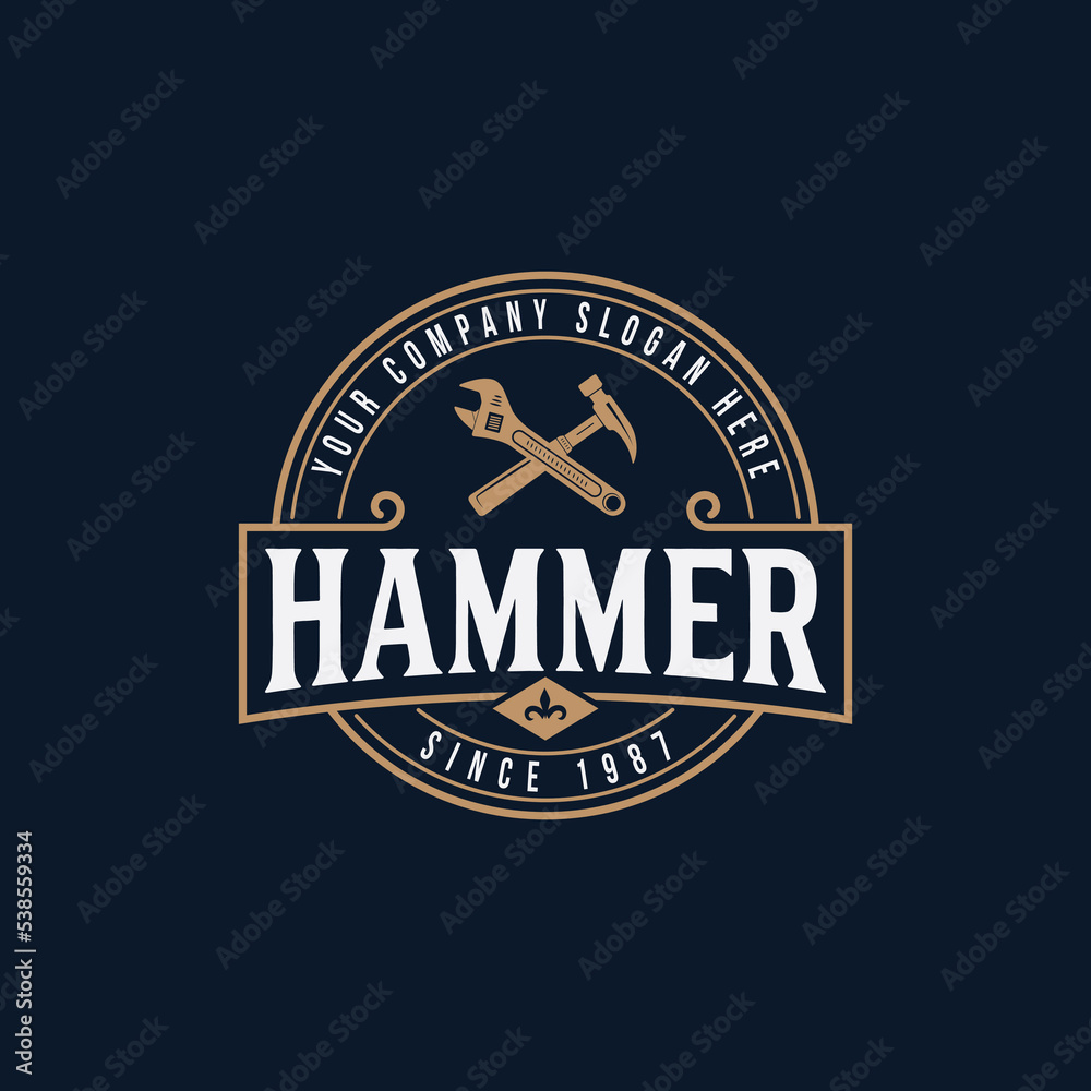 Hammar vector illustration with carpentry vintage logo template vector design. retro classic woodwork, lumberjack, workshop icon logo concept