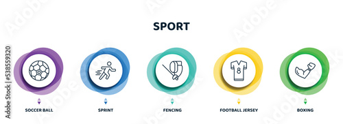 editable thin line icons with infographic template. infographic for sport concept. included soccer ball, sprint, fencing, football jersey, boxing icons.