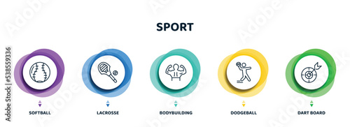 editable thin line icons with infographic template. infographic for sport concept. included softball, lacrosse, bodybuilding, dodgeball, dart board icons.