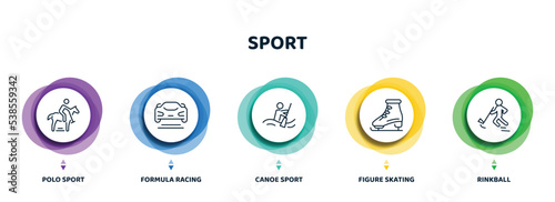 editable thin line icons with infographic template. infographic for sport concept. included polo sport, formula racing, canoe sport, figure skating, rinkball icons.