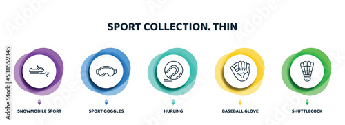 editable thin line icons with infographic template. infographic for sport collection. thin concept. included snowmobile sport, sport goggles, hurling, baseball glove, shuttlecock icons.