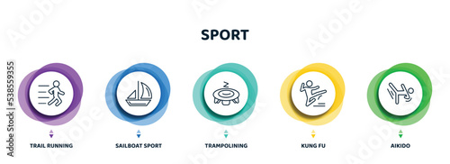 editable thin line icons with infographic template. infographic for sport concept. included trail running, sailboat sport, trampolining, kung fu, aikido icons.