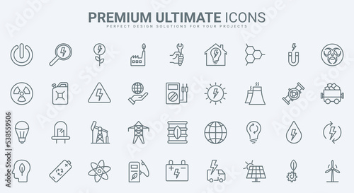 Electric power plant and energy thin line icons set vector illustration. Outline global green technology to save and manage renewable resources and nature, hydro and nuclear factory, eco fuel