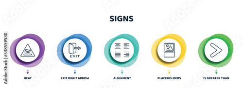 editable thin line icons with infographic template. infographic for signs concept. included heat, exit right arrow, alignment, placeholders, is greater than icons.