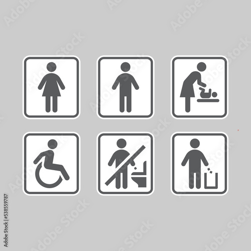 Wc, men women vector sign sticker set. Restroom and accessible toilet symbols.