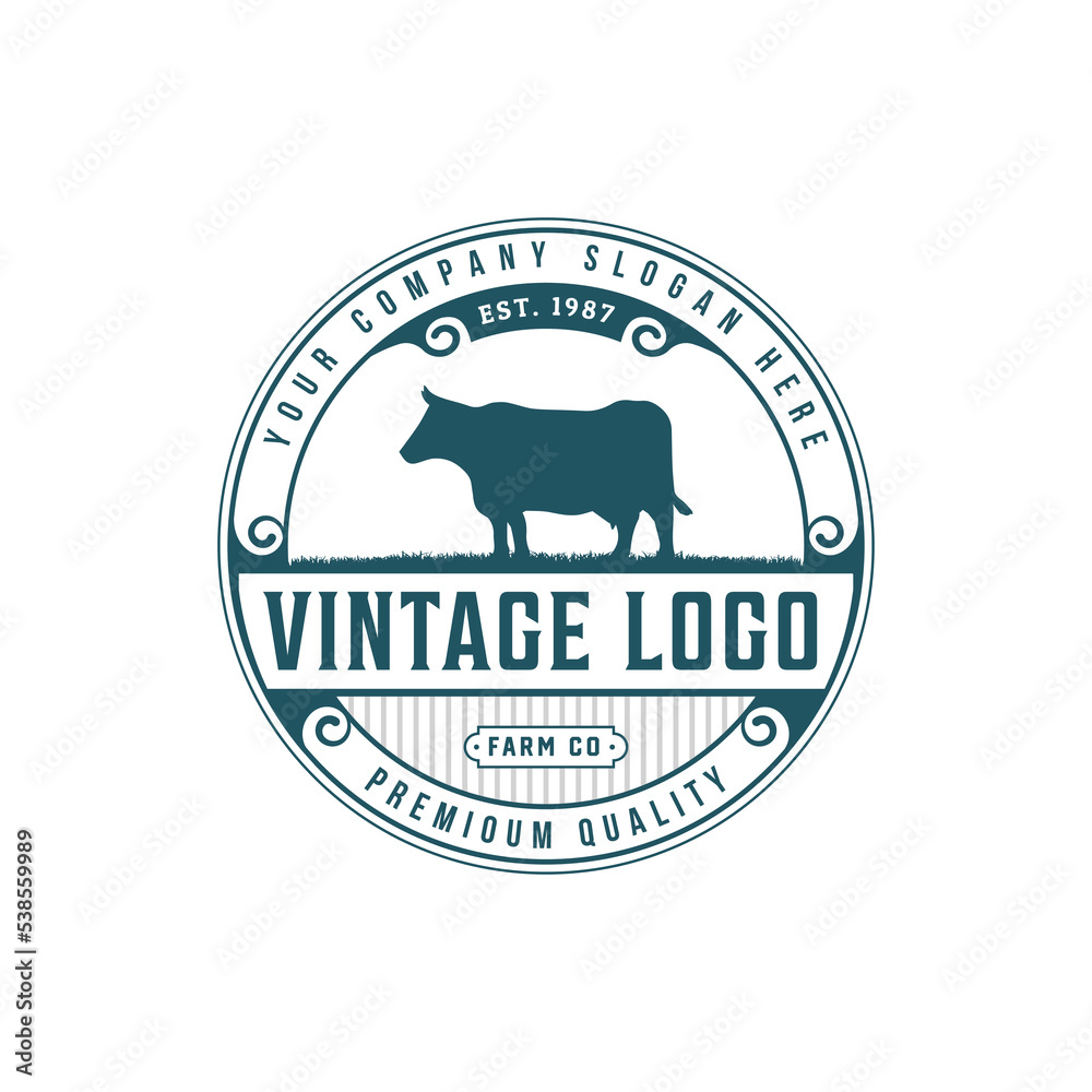 Obraz premium set of stamps with animal vector logo design, cow farm, farmer, agriculture, Cattle, livestock, farm classic logo