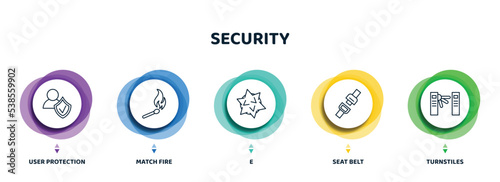 editable thin line icons with infographic template. infographic for security concept. included user protection, match fire, e, seat belt, turnstiles icons.