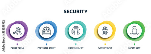 editable thin line icons with infographic template. infographic for security concept. included police tools, protected credit card, boxing helmet, watch tower, safety seat icons.
