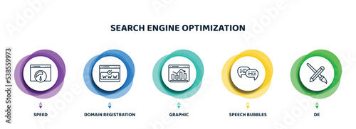 editable thin line icons with infographic template. infographic for search engine optimization concept. included speed, domain registration, graphic, speech bubbles, de icons.