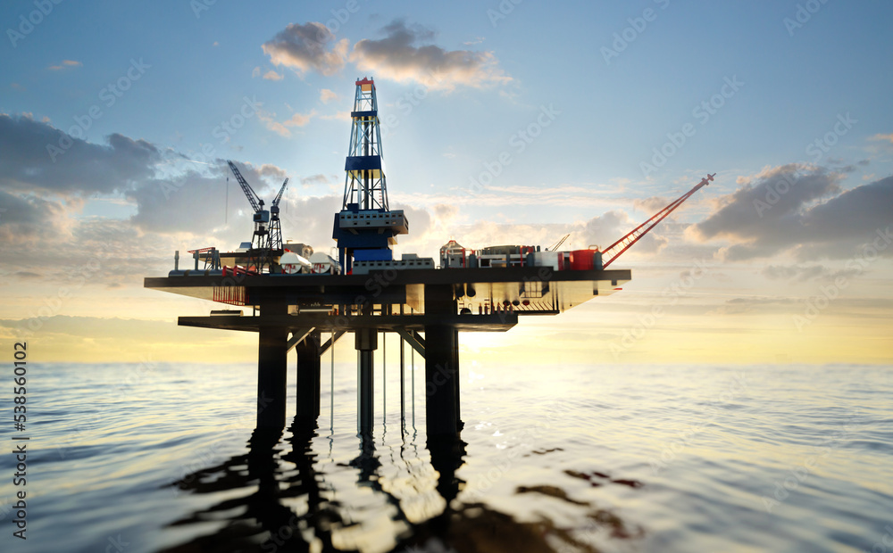 Offshore oil rig,  drilling rig, jack up rig, oil platform at the sea during sunset. 3D rendering illustration