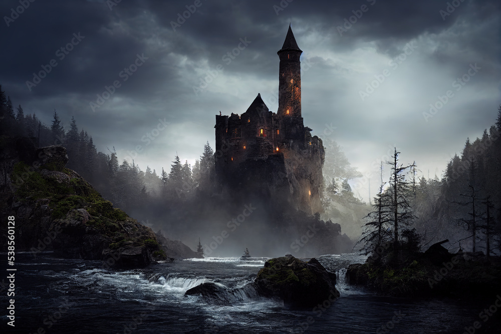 Old dark castle built on the rock, in the background a waterfall and a forest. 3d illustration