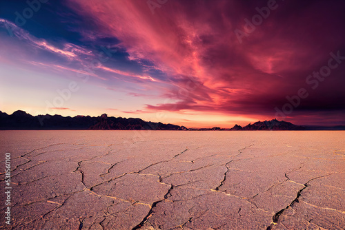 Sunrise over cracked salt flats. 3d illustration