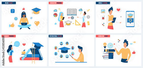 Online courses, mobile app for internet learning platform set vector illustration. Cartoon students study in class of virtual school, education concept for banner, website design or landing web page
