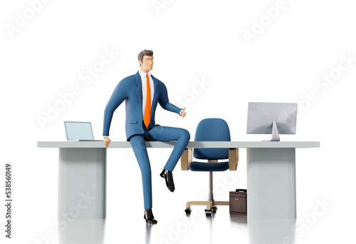 Successful businessman works in office by his desk. Businessman works with computer. 3D rendering illustration