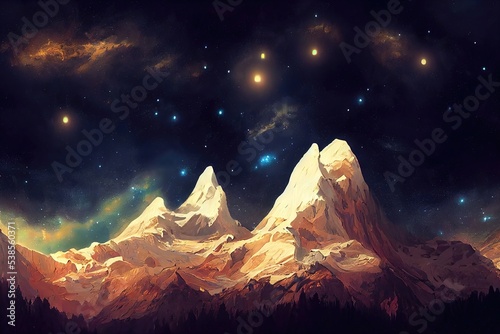 a painting of a mountain range with stars in the sky above it and a forest below it, 3d render