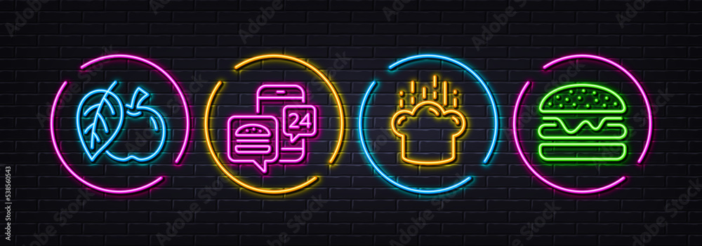 Cooking hat, Food app and Apple minimal line icons. Neon laser 3d lights. Burger icons. For web, application, printing. Chef, Meal order, Fruit. Hamburger food. Neon lights buttons. Vector