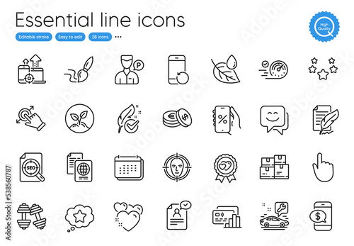 Hand click, Feather signature and Discounts app line icons. Collection of Love award, Brush, Calendar icons. Leaf dew, Wholesale inventory, Dumbbells web elements. Loyalty star. Vector