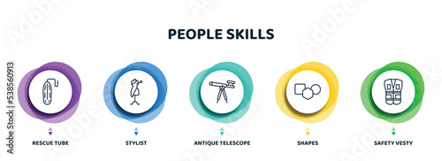 editable thin line icons with infographic template. infographic for people skills concept. included rescue tube, stylist, antique telescope, shapes, safety vesty icons.