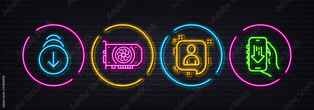 Scroll down, Developers chat and Gpu minimal line icons. Neon laser 3d lights. Download app icons. For web, application, printing. Swipe screen, Manager talk, Graphic card. Vector