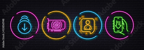 Scroll down, Developers chat and Gpu minimal line icons. Neon laser 3d lights. Download app icons. For web, application, printing. Swipe screen, Manager talk, Graphic card. Vector