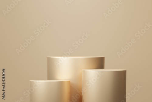 3D render elements branding gold color background with geometric shapes, pedestal empty on three floors, circle wall shape, gradient from small to large, platform composition for stage product present © N ON NE ON