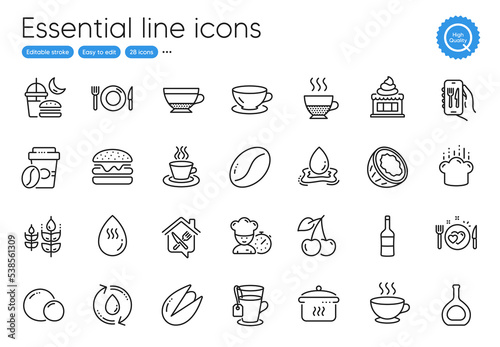Boiling pan, Cognac bottle and Food line icons. Collection of Hot water, Coffee cup, Ice cream icons. Tea cup, Pistachio nut, Coconut web elements. Dry cappuccino, Wine, Takeaway coffee. Vector