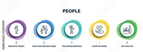 editable thin line icons with infographic template. infographic for people concept. included man with target, man child and balloons, policeman working, heart in hands, vet with cat icons.