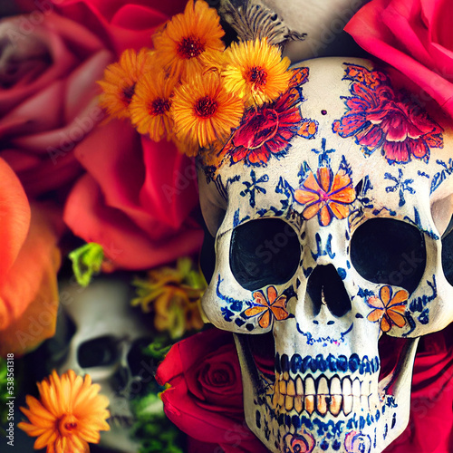 Illustration of a traditional Mexican sugar skull, 3D render. © Massimo Saivezzo