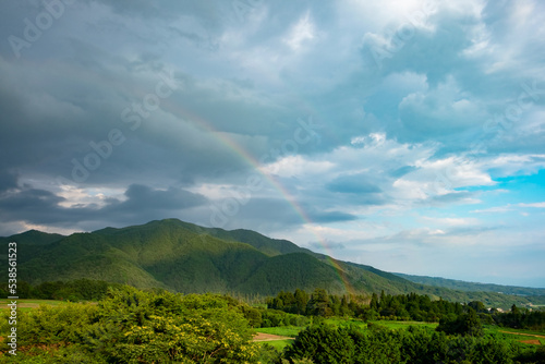 虹と自然の風景、森と空と山