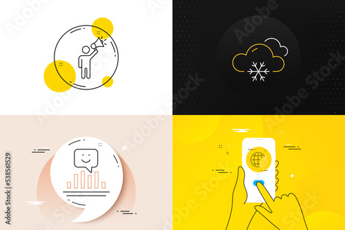 Minimal set of Smile, Brand ambassador and Snow weather line icons. Phone screen, Quote banners. Environment day icons. For web development. Positive feedback, Megaphone, Snowflake. Safe world. Vector