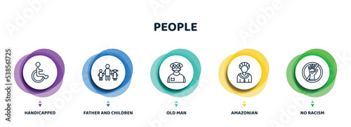 editable thin line icons with infographic template. infographic for people concept. included handicapped, father and children, old man, amazonian, no racism icons.