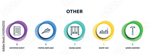 editable thin line icons with infographic template. infographic for other concept. included notepad sheet, paper airplane, swing game, bump car, work hammer icons.