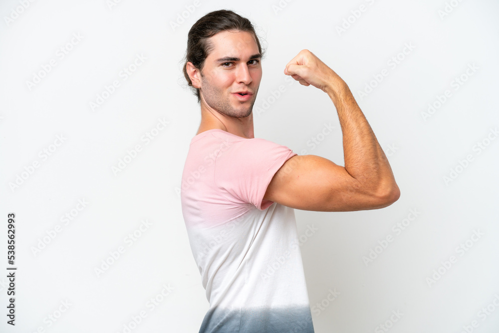 Caucasian handsome man isolated on white background doing strong gesture Caucasian handsome man isolated on white background doing strong gesture
